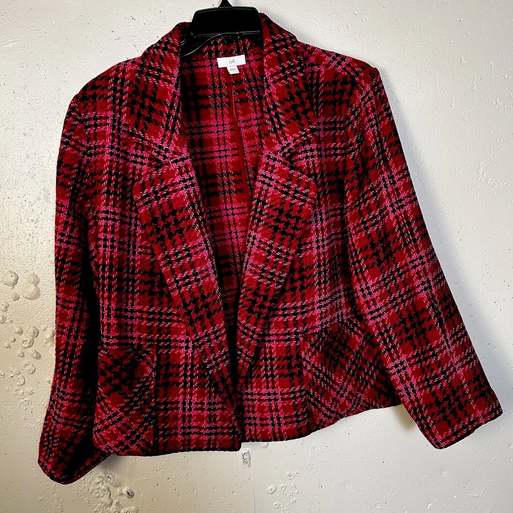 Chenille Plaid Blazer Jacket   Cherry Multi Pink  Open Front NWOT  Large